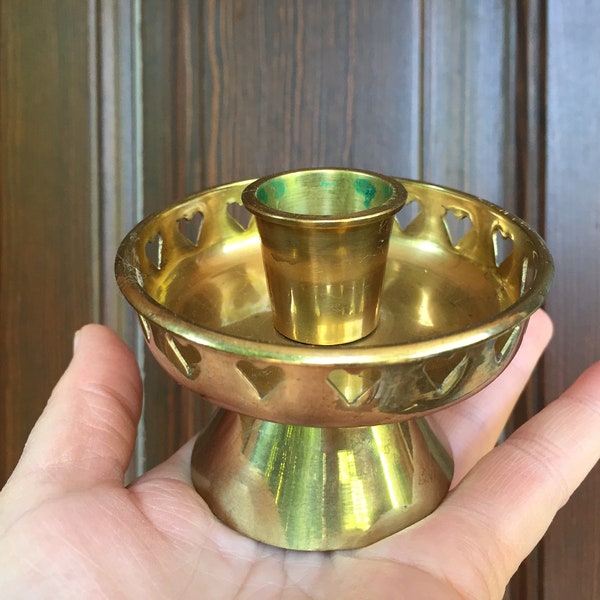 Swedish vintage brass candlestick holder with perforated hearts, Footed candle holder