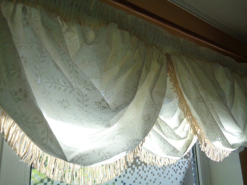 Vintage Curtain Balloon Valance with Fringe; 100/% Cotton Valance made in UK ~H15 x ~W50 Cream Color Valance; Kitchen Curtain; Boho Curtain