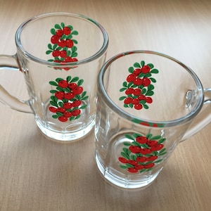 Pair of French vintage glass cups with Lingonberry print vol 80 ml