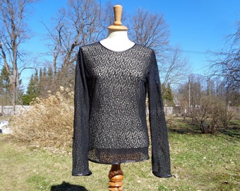 80s Vintage Handmade Lace Blouse size S; Black Lace Pullover Top; Lace Fabric Blouse; Black Top; Long Sleeve Blouse Vtg