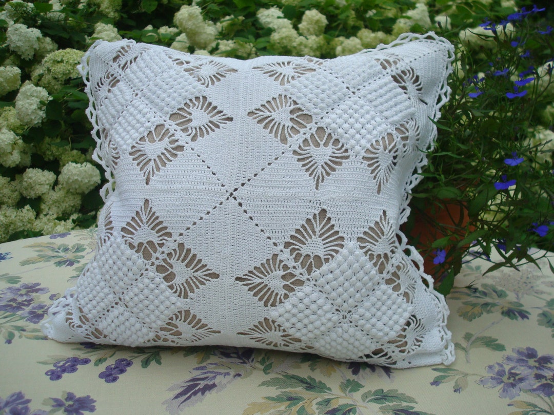 Vintage Crochet White Cotton Pillow Cover Small Crocheted Etsy