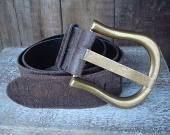 Vintage brown leather belt with large buckle; Genuine leather & Bounded leather belt made in Holland