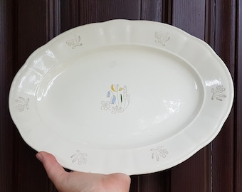 Raro plato ovalado Rörstrand Sverige BLOMSTER L ~ 13"/ 34cm Plato de marfil con patrón floral; vajilla vintage sueca