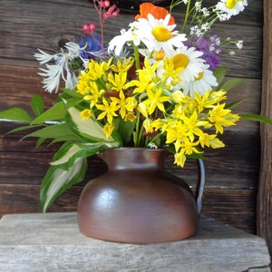 Signed hand thrown French salt glazed pottery pitcher vase; Dark brown studio ceramic