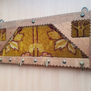 Antique carved wood wall hanger with tapestry inserts and 4 hooks L12&quot; x H5&quot; clothing rack