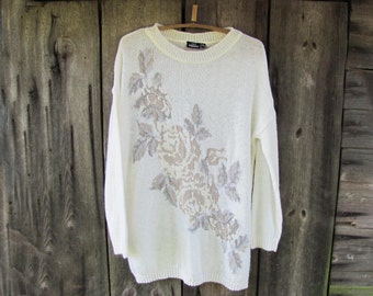 90s Vintage sweater, White sweater with knitted roses, Long Sweater Design by KappAhl Sweden, Oversized Sweater