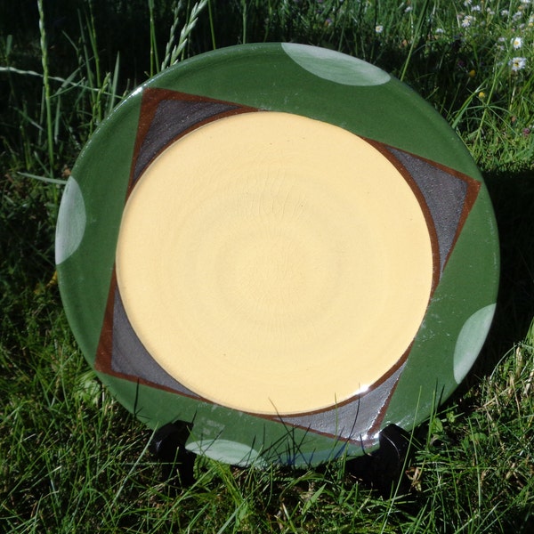 Scandinavian Vintage Dinner Plate; 9"/ 23.5cm Large Plate; Yellow, Green & Brown Dinner Plate; Studio Pottery Plate; Geometric Pattern Plate