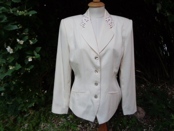 80s Vintage Jacket; CARTOON Fashion Jacket Size M / UK12 / Eur38 / US8; Long Sleeve Cream Color Viscose Blazer with Embroidery; Retro Jacket