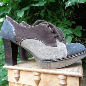 Pedro Miralles Vintage Shoes size EU 35; Suede Shoes, Saddle Heels; Tri-color Suede Leather Shoes; Tie Shoes Heel 3&quot;/ 8cm,  insole 9&quot;