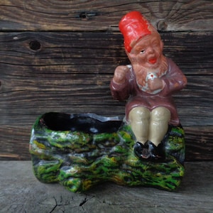 Antique Heissner garden gnome planter, Hand painted terracotta gnome