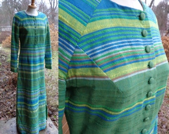 Vintage Dress size XS/S Floor Length Dress; Striped Green Cotton Dress; Slim Fit Dress; Raglan Sleeve Dress; Maxi Dress, Boho Dress