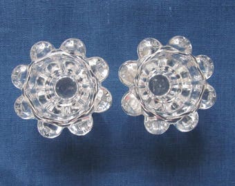 Pair of French Vintage Candle Holders; Massive Pressed Glass Candlestick Holders; Clear Glass Candlestick Holders / Tealight Candle Holders