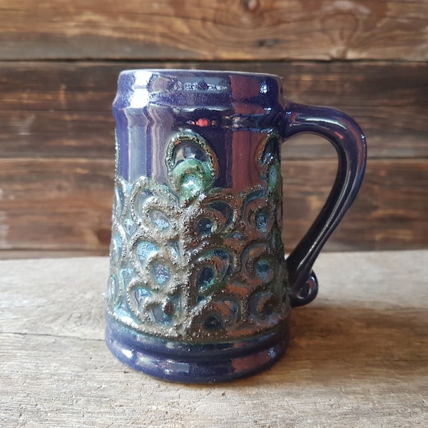 Vintage ceramic mug Strehla Keramik made in GDR; H4.5" blue tapered cup with fat lava decors East German pottery