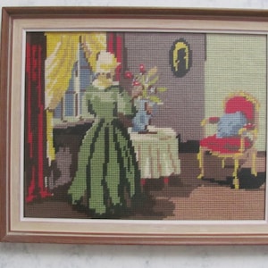 10" x 12.5" Ready to Hang Picture, Vintage Hand Embroidered & Framed Picture in Cross Stitch; The Girl at the Window Embroidery, Home Decor