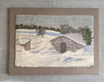 Scandinavian vintage framed Flemish tapestry, Framed art weaving winter scene, Fiber art