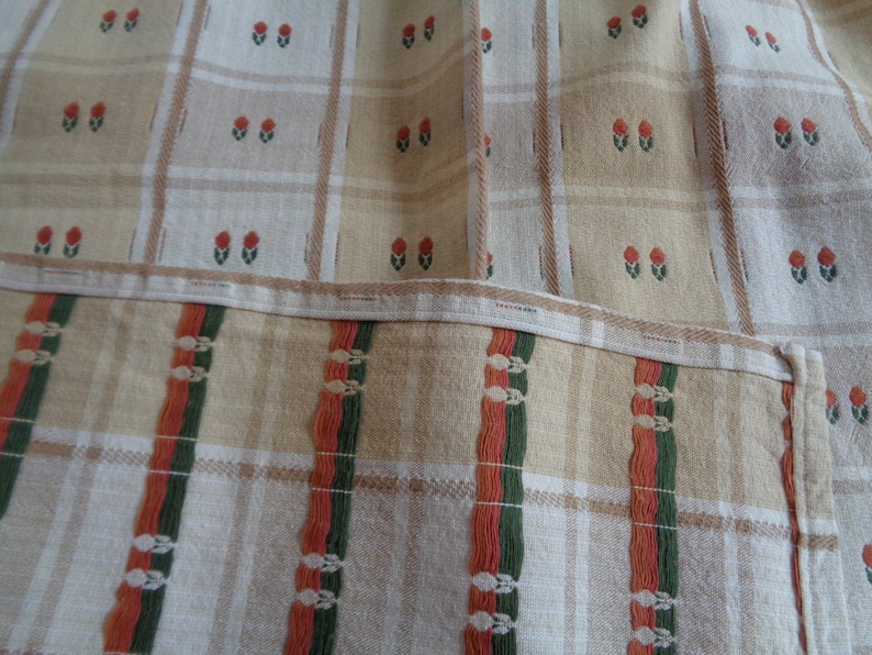 Swedish Vintage Curtain Valance H19x W104 Sand /& Beige Woven Cotton Valance; Checkered Curtain with Tiny Tulips; Rustic Home Decor