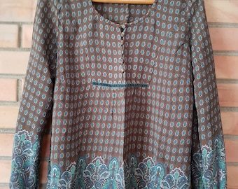 Vintage BON'A PARTE 100% Viscose tunic size M, Khaki & Teal Boho blouse, Natural Wear