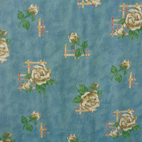 Swedish vintage curtain W46"x H63" Retro curtain with roses; Teal Blue / White / Green Rod Pocket Curtain; Kitchen Curtain