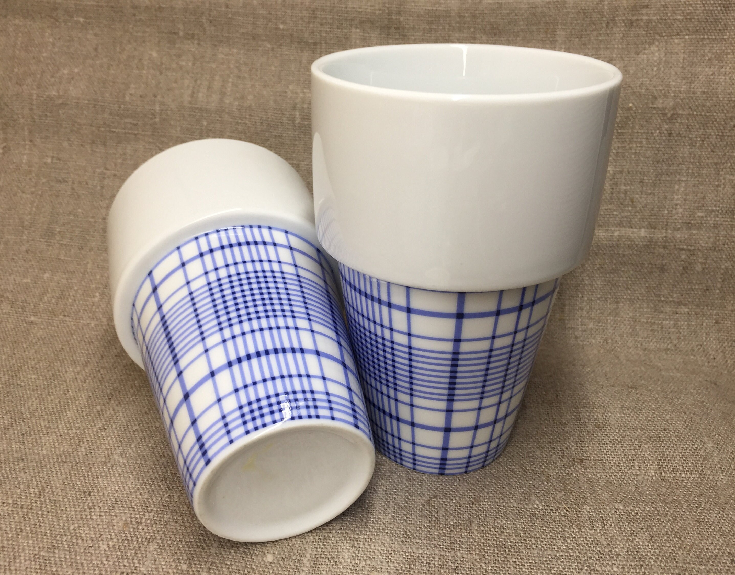 Handleless Design Cups Pair of Handleless Porcelain Mugs, Stackable Tumbler Cups With Plaid ...