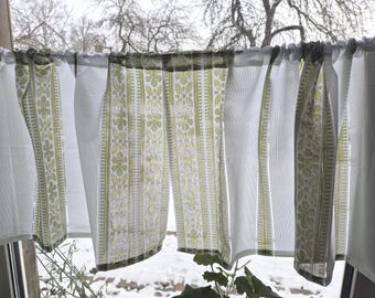 Vintage curtain set 2 x W35"x H16" White & Olive Green privacy curtain