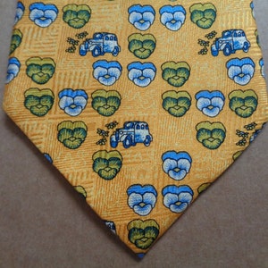 Marja KURKI Necktie; 100% Silk Tie; Vintage Necktie; Dark Yellow Silk Necktie with Pansies & Cars; Gift for Him