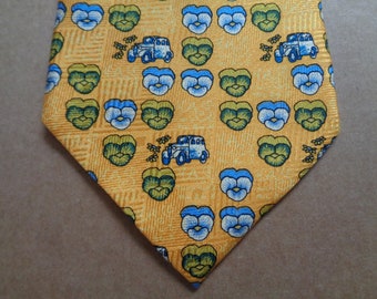 Marja KURKI Necktie; 100% Silk Tie; Vintage Necktie; Dark Yellow Silk Necktie with Pansies & Cars; Gift for Him