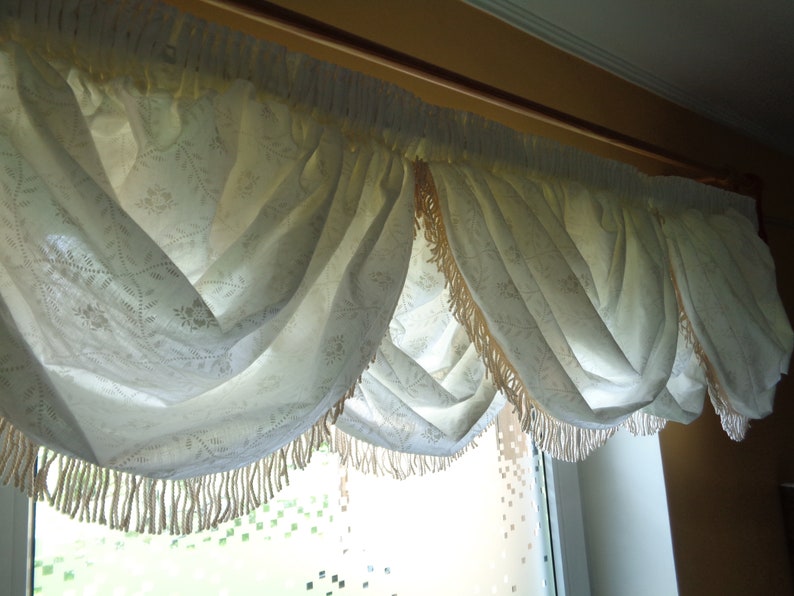 Vintage Curtain Balloon Valance with Fringe; 100/% Cotton Valance made in UK ~H15 x ~W50 Cream Color Valance; Kitchen Curtain; Boho Curtain