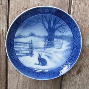 Scandinavian Vintage Decorative Plate "Hare in Winter" Royal Copenhagen Denmark Porcelain Plate 1971; Blue & White Embossed Plate
