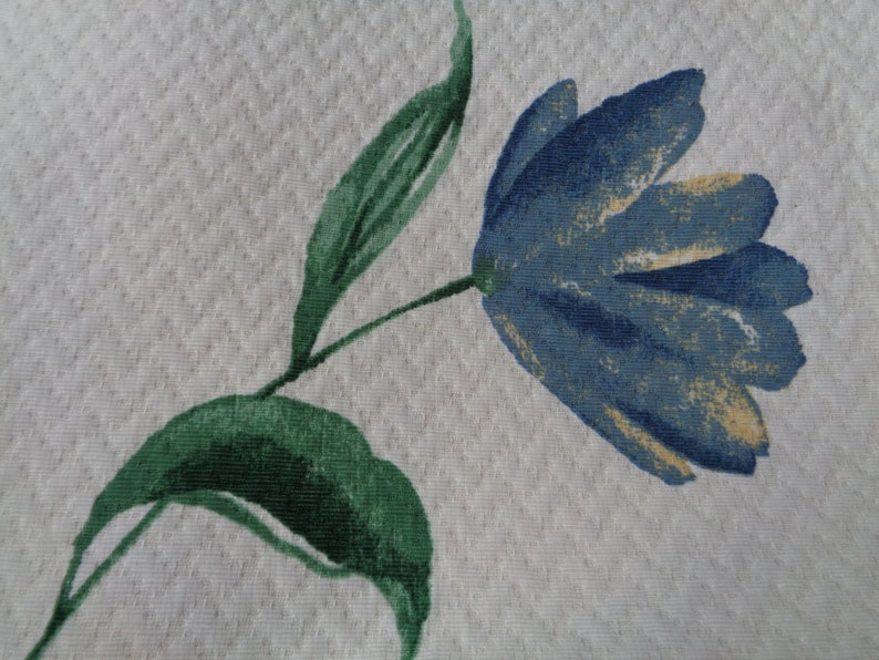 May include: A blue flower with yellow accents on a white background with green leaves.