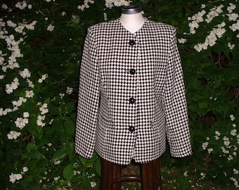 90s Vintage Black & White wool blazer; Women's jacket size M made in England