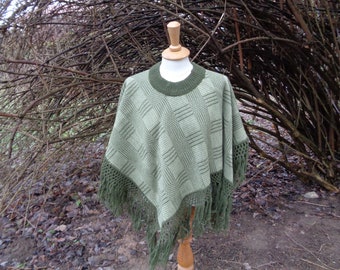 Vintage Handmade Poncho; Moss Green & Sage Woven Poncho with Long Fringe; Woolen Shoulder Shawl / Poncho; Moss Green Poncho