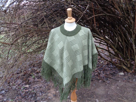Vintage Handmade Poncho; Moss Green & Sage Woven Poncho With Long