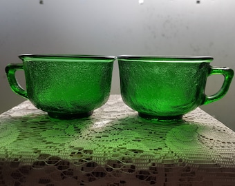 Pair of Vintage vivid green glass cups vol 150 ml; Pressed glass cups with rough exterior surface