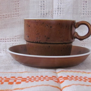 Swedish vintage Gustavsberg COQ Ugnssakert cup & saucer design Stig Lindberg; Speckled brown ceramic made in Sweden