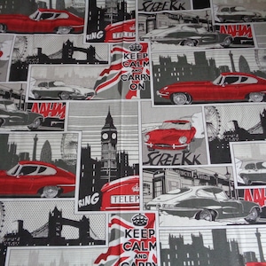 May include: A white fabric with a repeating pattern of red and gray vintage cars, London landmarks, and the text "Keep Calm and Carry On".
