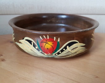 Swedish vintage Folk style hand painted wooden bowl dia ~7"/ 18.5cm, Turned wood serving dish