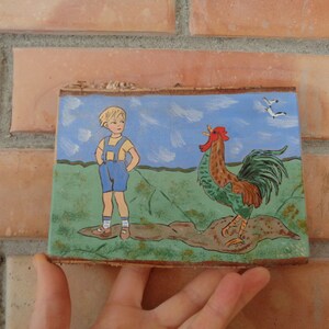 Vintage hand painted birch wood board, wall decor H5"x W6.5"