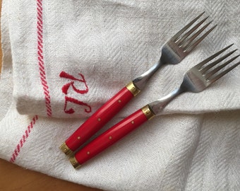 French vintage flatware - stainless steel forks with red handles and brass accents