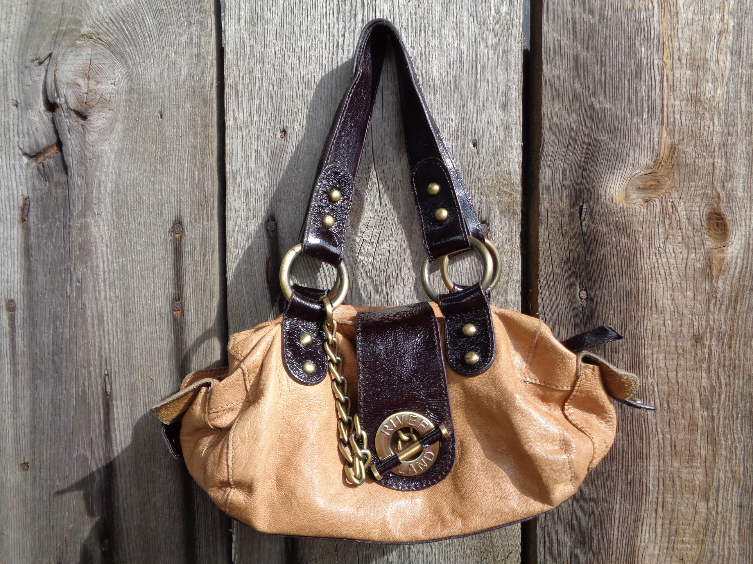 Vintage Bag Beige Dark Brown Genuine Leather Bag RIVER ISLAND Handbag Real Leather Bag With Brass Hardware Etsy