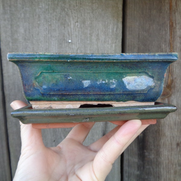 Vintage Ceramic Bonsai Planter with Saucer; Small Planter 4"x 5 3/4" Rectangle Planter; Green Glazed Succulent Planter; Vintage Pottery