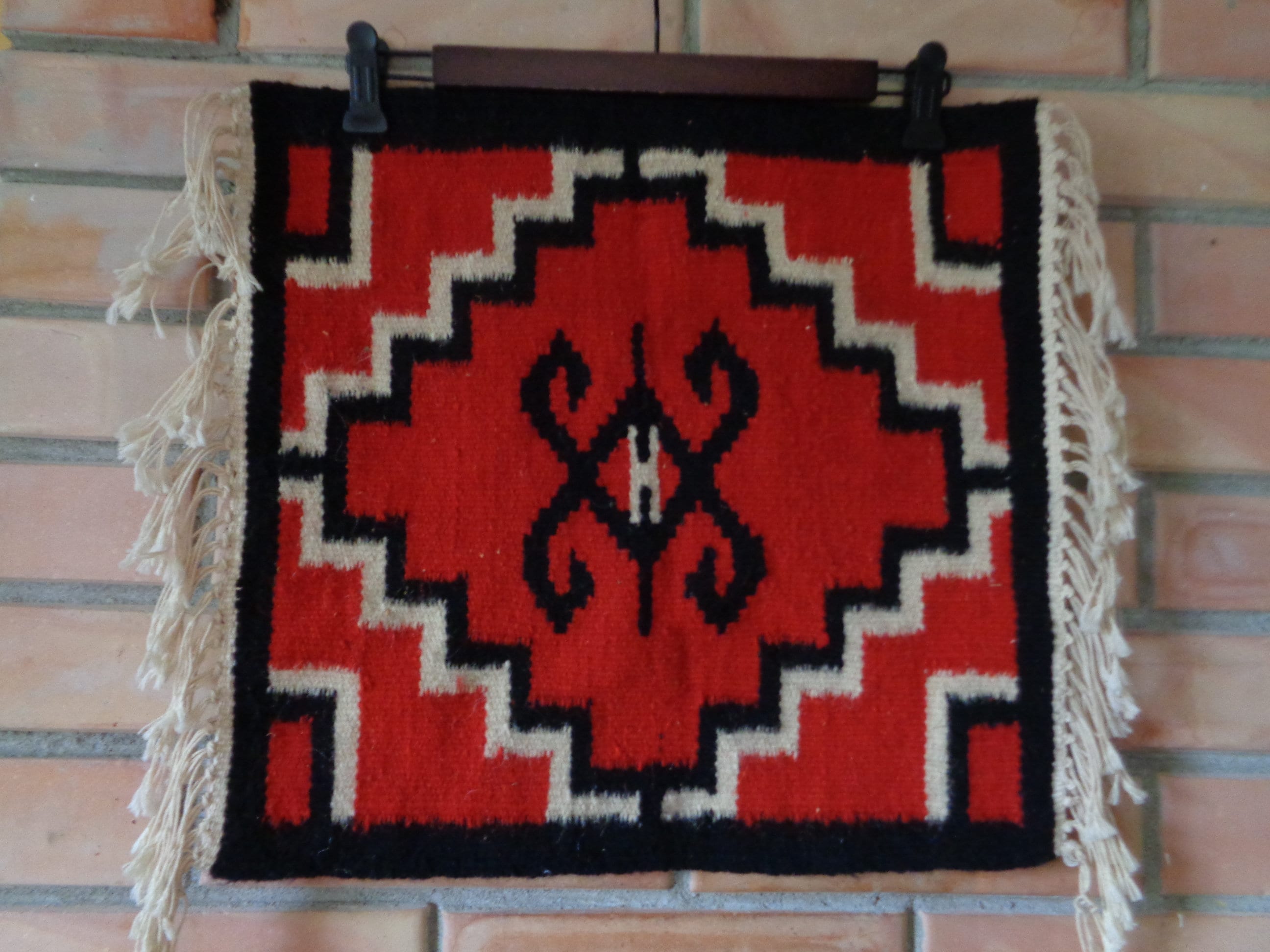 Vintage Handwoven Wool Tapestry, Small Kilim Rug size 16"x 17" Red / White / Black Tribal Pattern Woven Tapestry