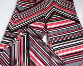 Unworn Vintage Pants; Black / White / Pink Vivid Striped Flared Pants size UK 8 / Eur 34 / US 6; High Rise, Waist 28", Hip 40", Inseam 30"