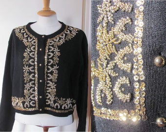 Vintage Womens Jacket Size M; CONTEMPO Casuals Black Wool Jacket; Bolero Jacket Embroidered with Golden Beads & Sequins; Evening Cropped Top