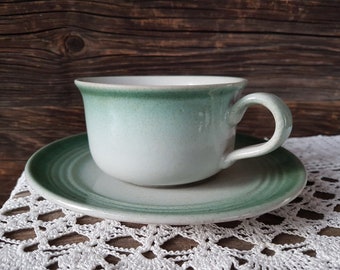 Schwedische vintage Höganäs Keramik Steingut Tasse & Untertasse PARK Grau / Mint Hoganas Sweden Keramik
