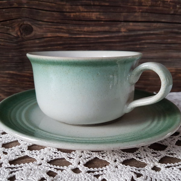 Swedish vintage Höganäs Keramik Stoneware Cup & Saucer PARK Gray / Mint Hoganas Sweden pottery