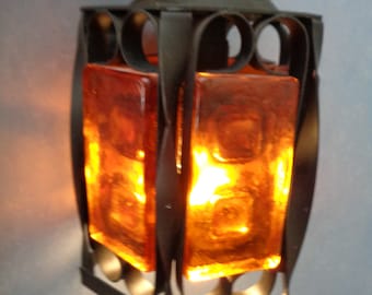 Swedish Vintage Pendant Lamp Elfwing Design; Metal & Amber Glass Ceiling Lamp for European mains ; Brutalist Style Light