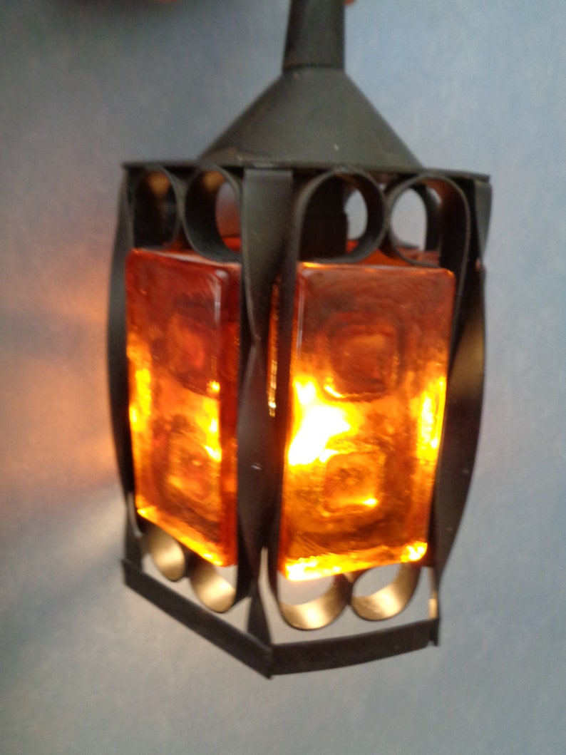 Swedish Vintage Pendant Lamp Elfwing Design Metal & Amber Glass Ceiling Lamp for European mains Brutalist Style Light image 1