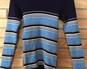 Finnish vintage knitwear Turtleneck Sweater size M, Blue striped ribbed knit pullover