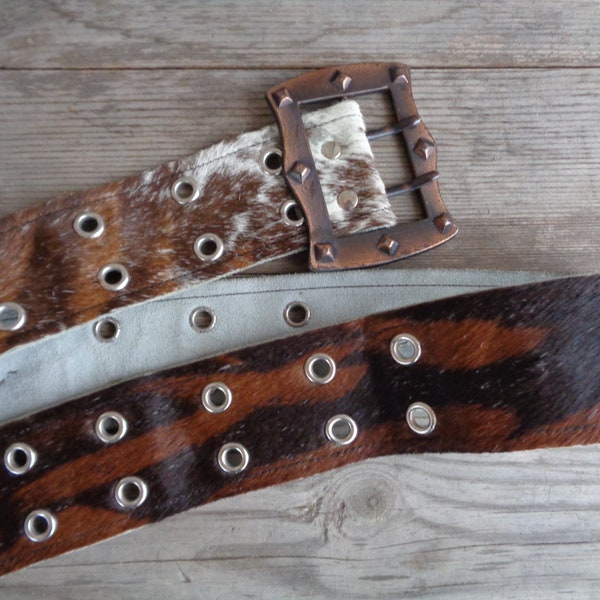 AGED Vintage Belt; Genuine Leather, Fur & Metal Belt with Copper Buckle; 2" Belt; Shabby Chic Real Fur Belt; Brown Fashion Belt length 39"