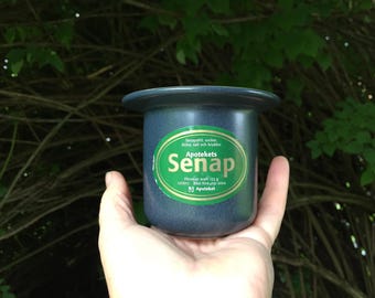 May include: A dark blue ceramic jar of mustard, labeled "Apotekets Senap" in green and white. The jar is held in a hand against a backdrop of green foliage and branches. The label includes text about ingredients and weight.